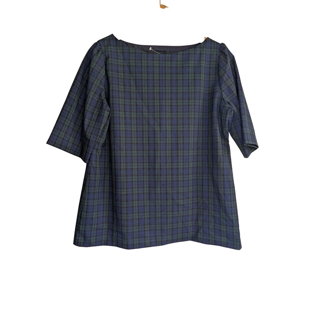 BANANA REPUBLIC Tartan Puff Sleeve Shirt Womens Medium Blue Preppy Office NWT